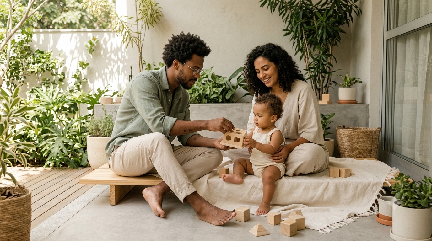 Família brincando com blocos de madeira com o bebê em um ambiente doméstico claro, com plantas e luz natural